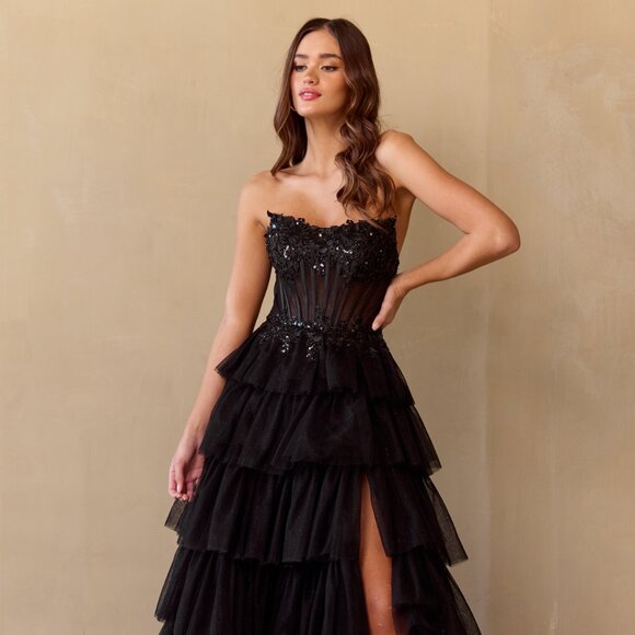 New Strapless Long Ruffled Prom Dress w/ Sheer Embroidered Boned Bodice AC 9053 - Picture 1 of 10